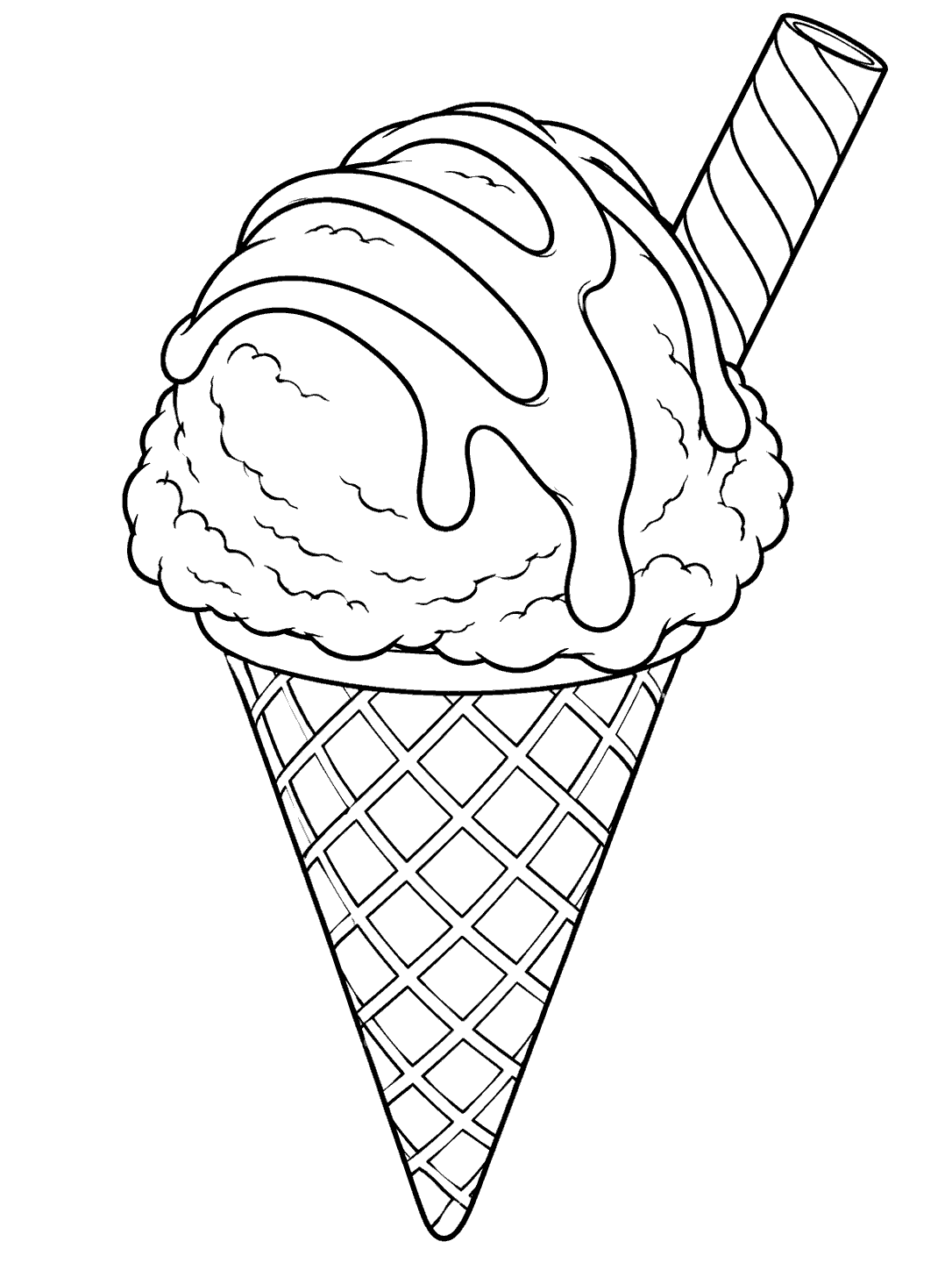 Black-and-white coloring page of a scoop of ice cream with looping sauce in a waffle cone and a long striped wafer leaning diagonally behind it.