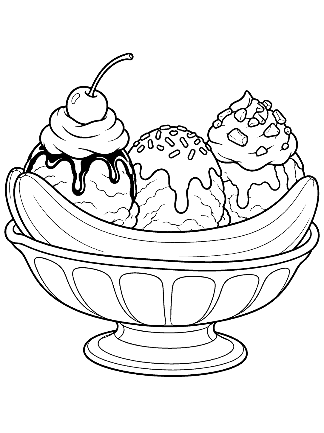 Black-and-white banana split coloring page with three scoops, cherry, whipped cream, sprinkles, and an oval pedestal dish.