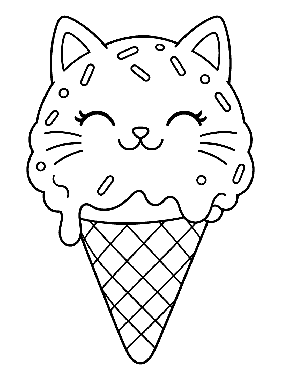 Black line-art coloring page of a smiling cat-shaped ice cream scoop with sprinkles on a waffle cone