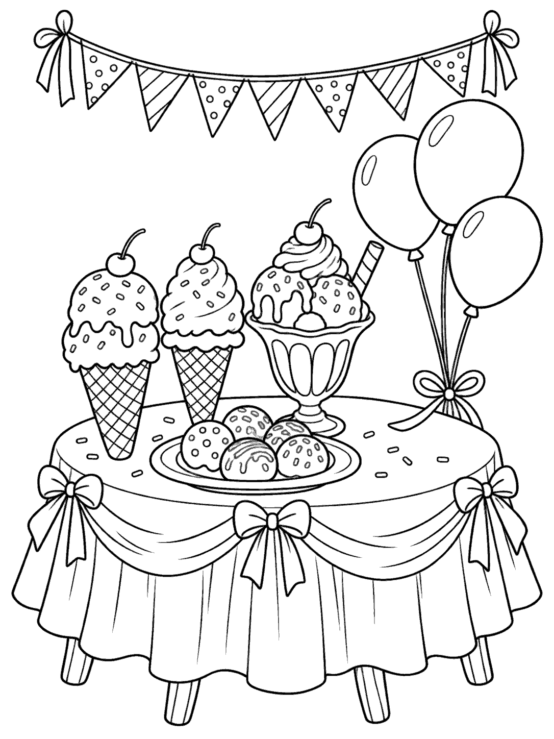 Black-and-white ice cream party table coloring page with two cones, a sundae cup, round treats, three balloons, and a pennant string.