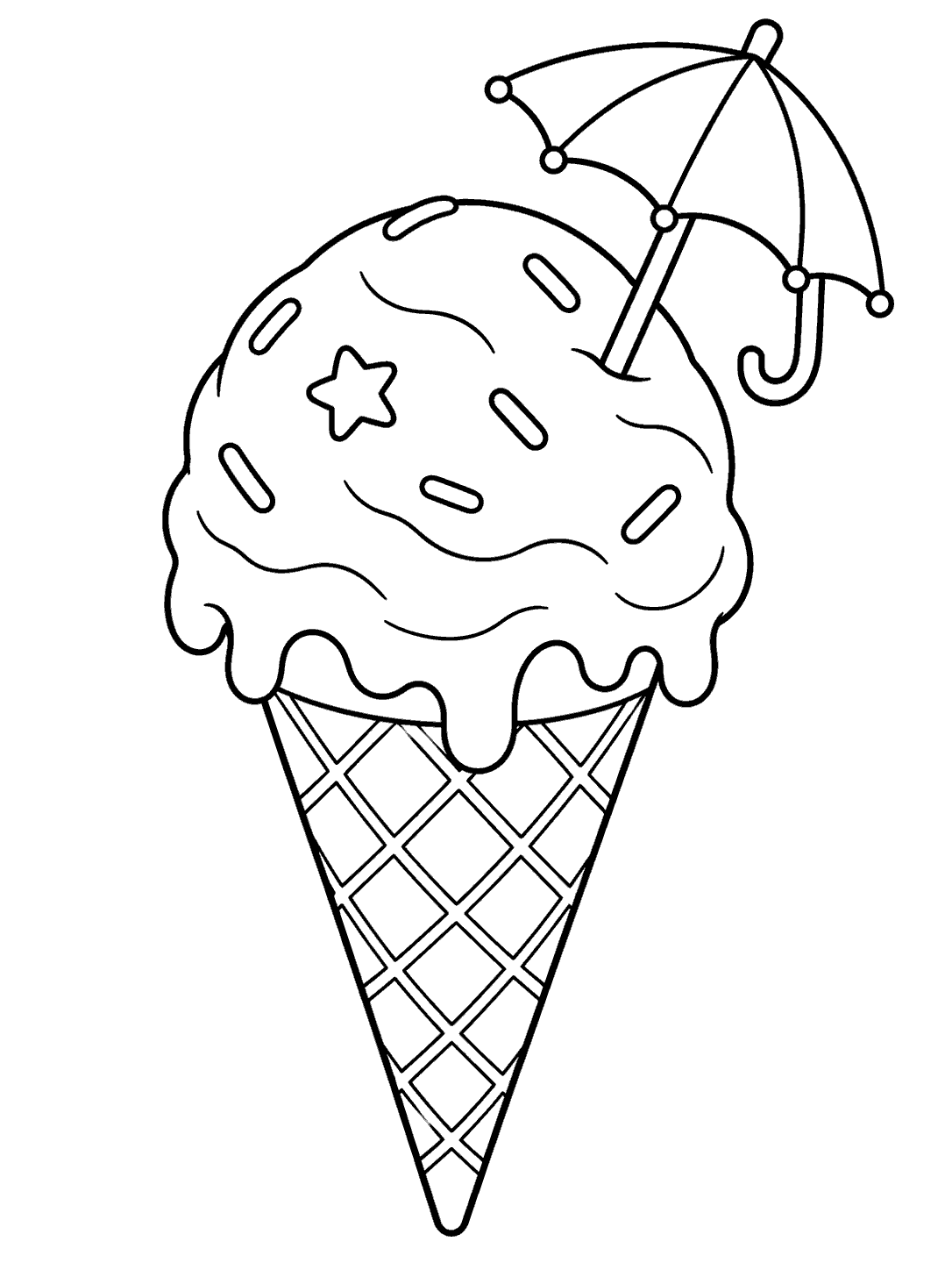 Black-and-white ice cream cone coloring page with a large scoop, star-shaped sprinkle, and angled beach parasol
