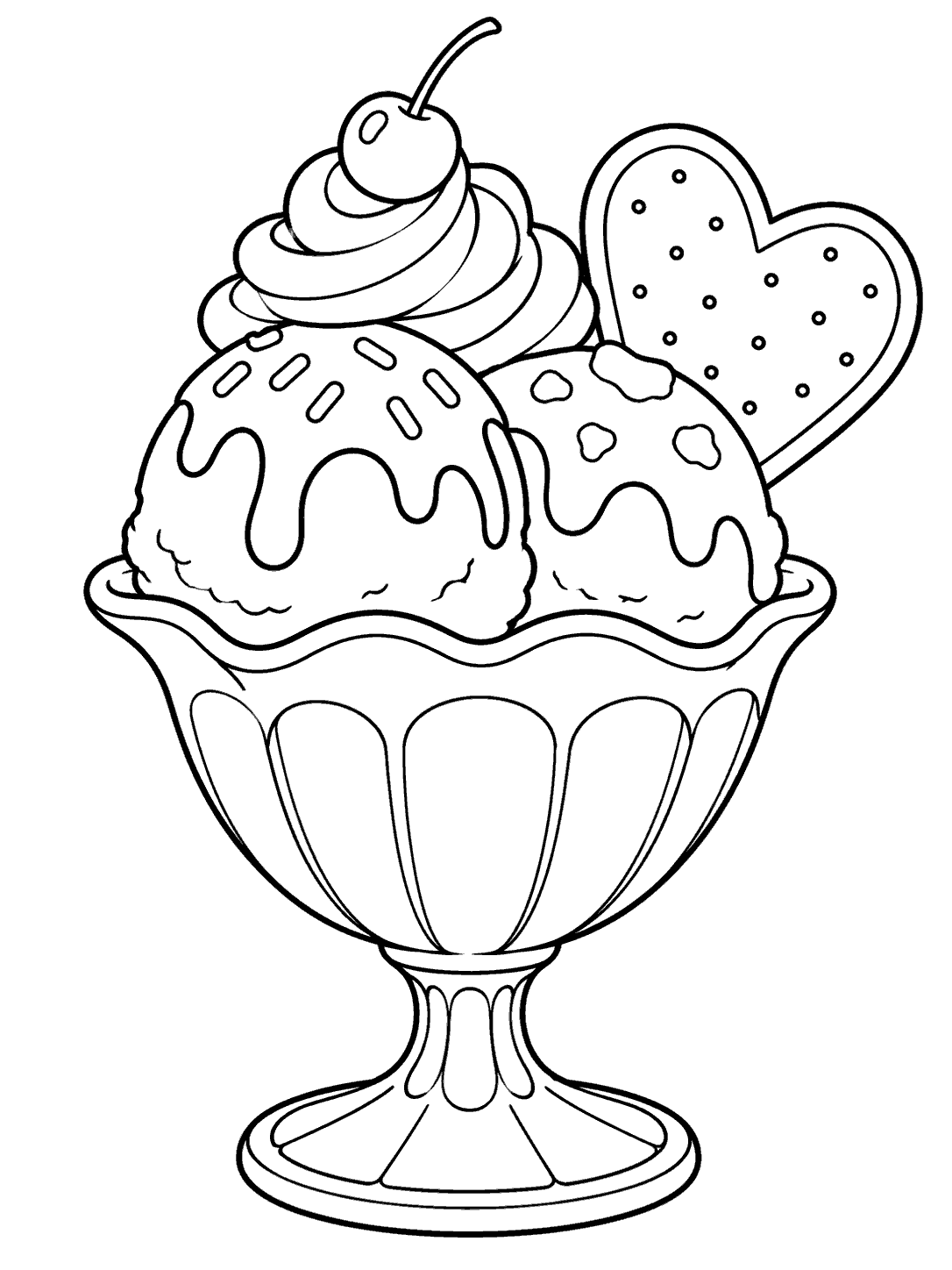 Printable black-outline coloring page of a stemmed sundae cup with two scoops, whipped cream, a cherry, and a heart-shaped cookie.