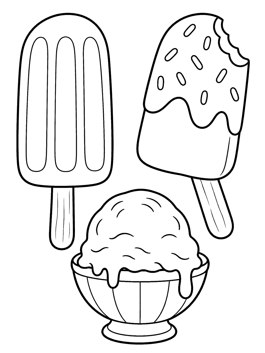 Black-outline coloring page with a plain rounded popsicle, a two-layer bitten ice cream bar, and a melting scoop in a small dish.