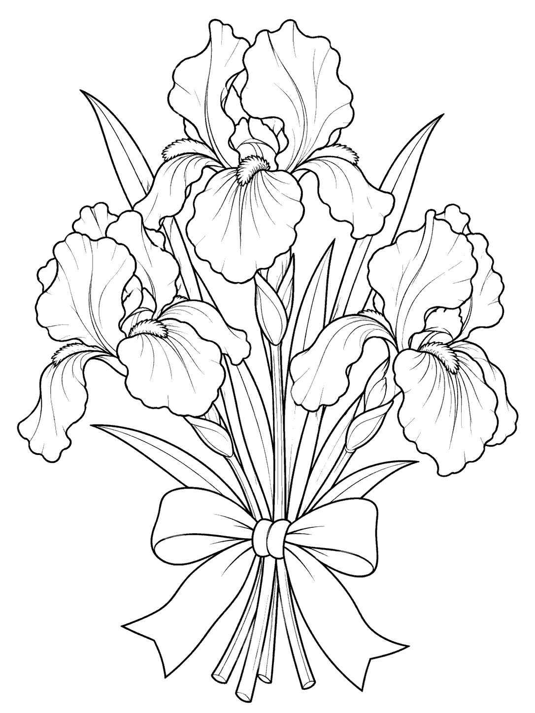 Three iris flowers gathered with leaves and stems, tied with a broad ribbon bow.
