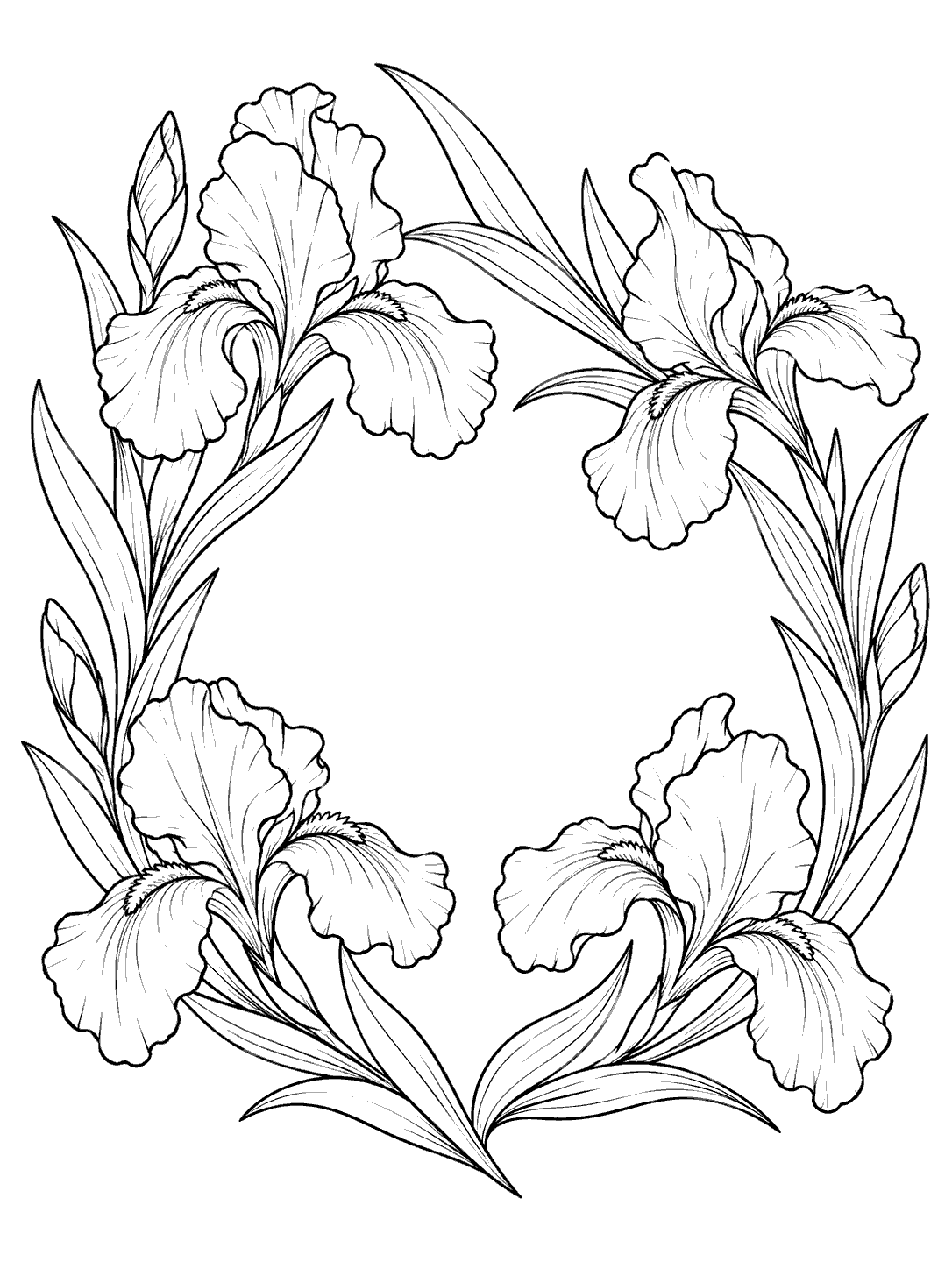 Portrait black line art of four iris flowers and leaves arranged in a wreath with a large open center.