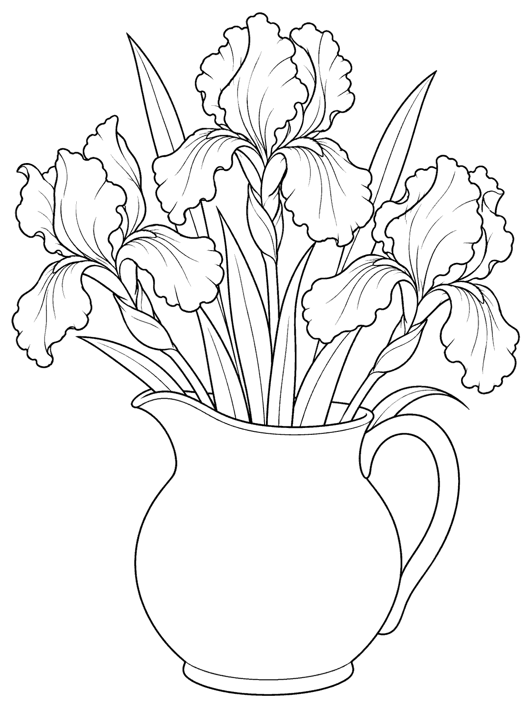 Three outlined iris flowers with long leaves arranged in an undecorated pitcher with a handle.