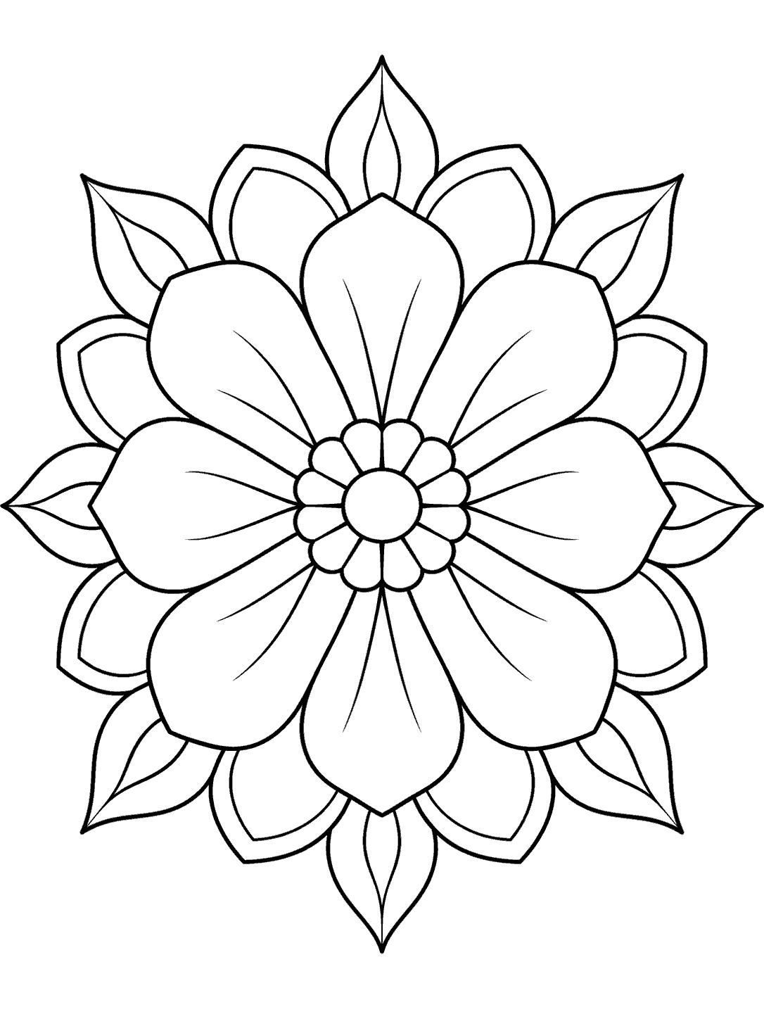 Black outline coloring page of a symmetrical floral kaleidoscope with broad petals and a central blossom.