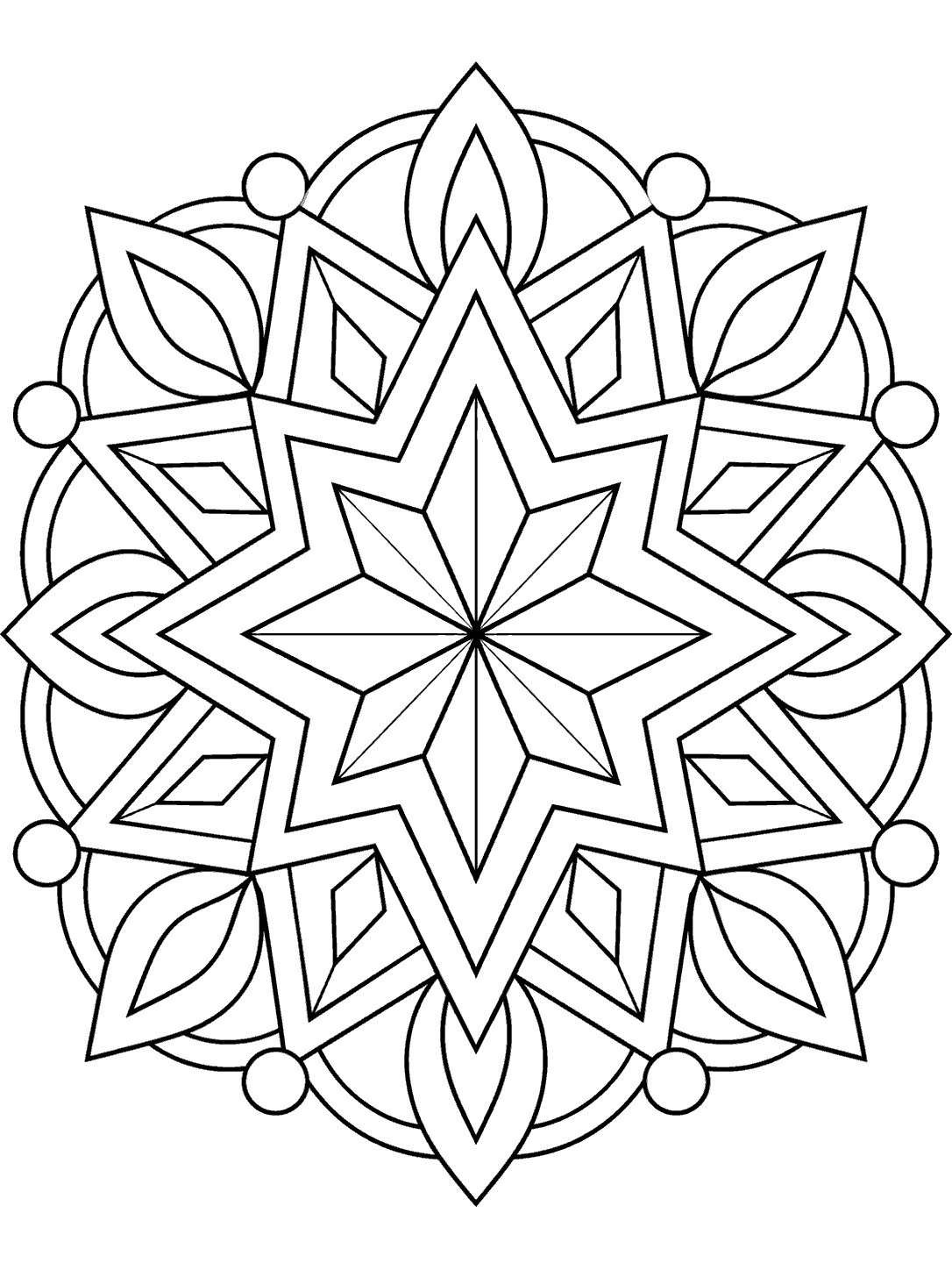 Black-outline eight-point star kaleidoscope with layered stars, leaf-like facets, and circular accents on a white page.