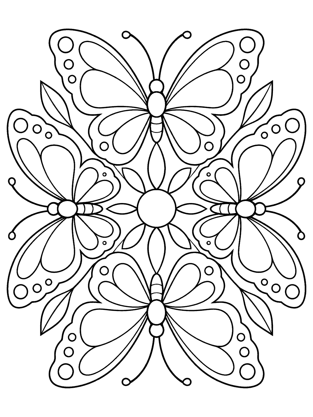 Black outline butterfly kaleidoscope coloring page with four pairs of wings arranged radially around a central circle.