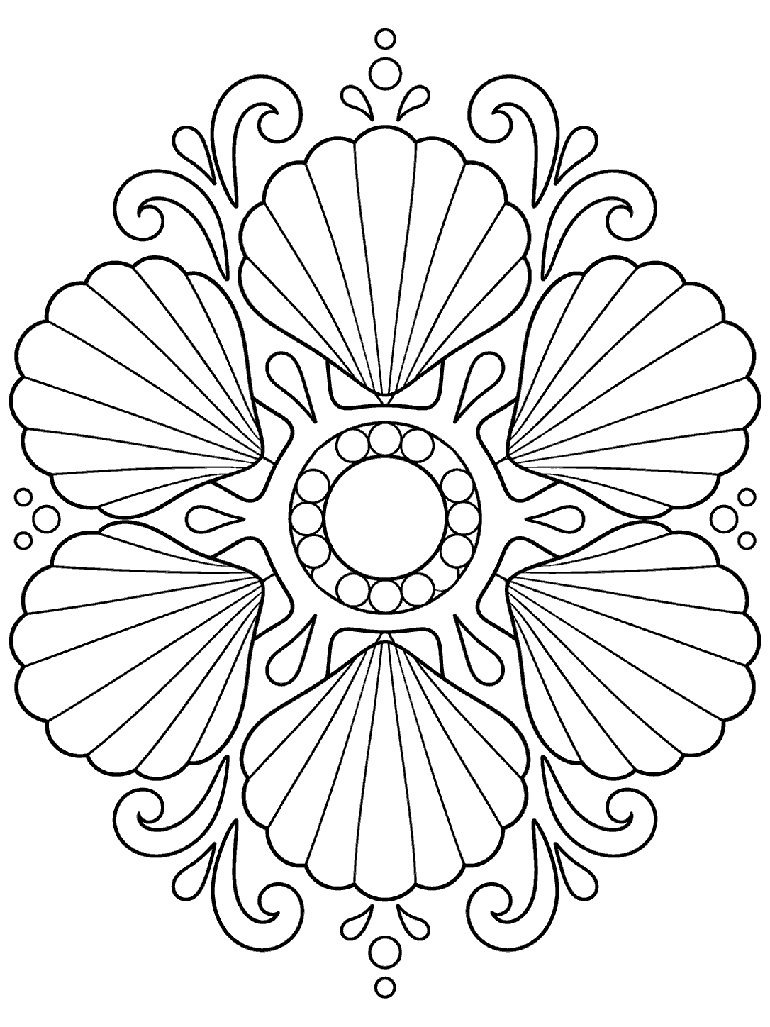 Black-outline coloring page with six ribbed scallop shells radiating around a central ring, surrounded by small decorative curls and circles.
