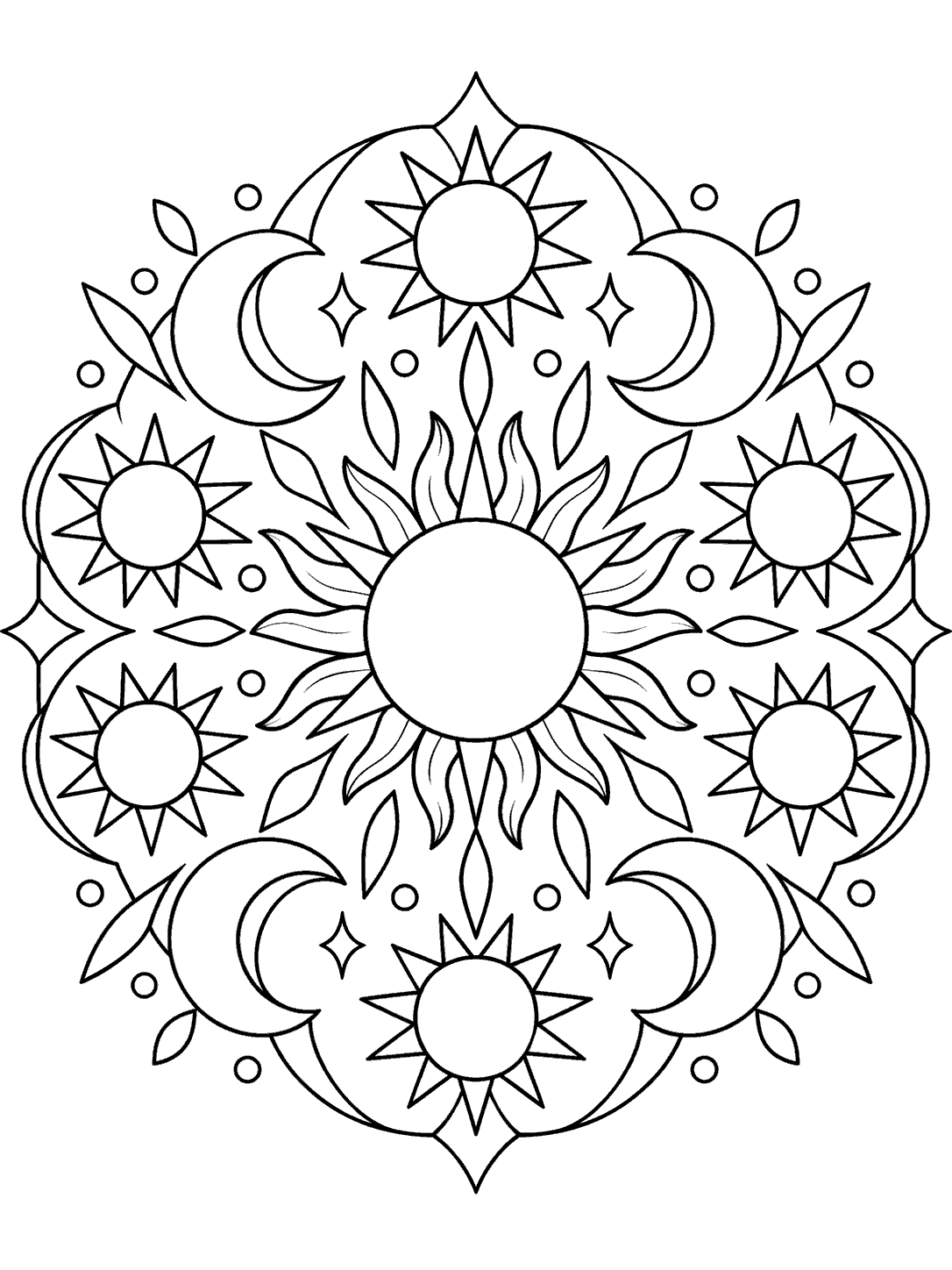 Moon and sun kaleidoscope coloring page with a large central sun, surrounding suns, crescents, and small stars.