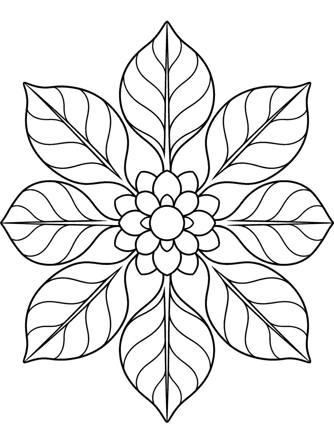 Eight outlined leaves radiate from a layered central rosette in a black-and-white kaleidoscope coloring page.