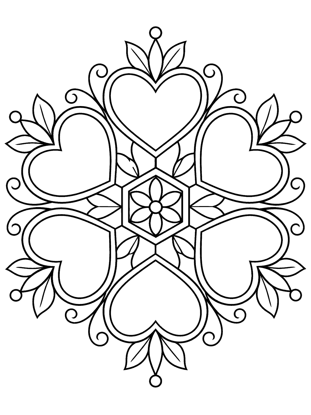 Black-outline coloring page with six large hearts arranged around a central hexagon and flower, accented by leaves and curls.