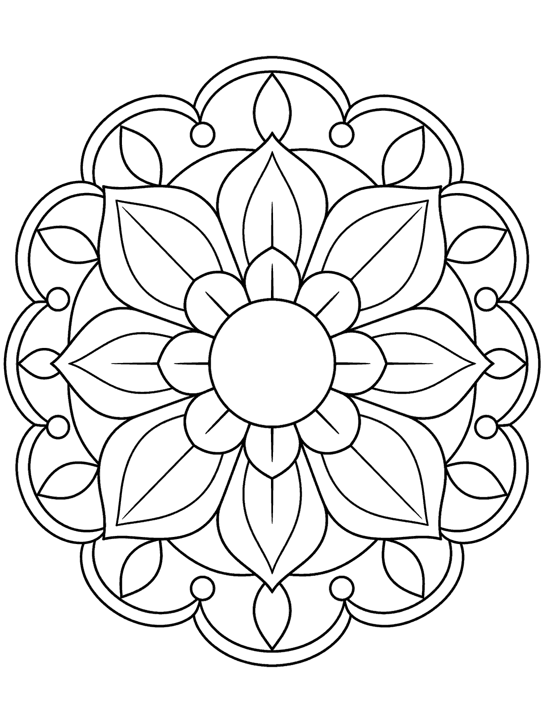Black outline kaleidoscope mandala with a central circle, rounded petals, and an outer ring of arches.