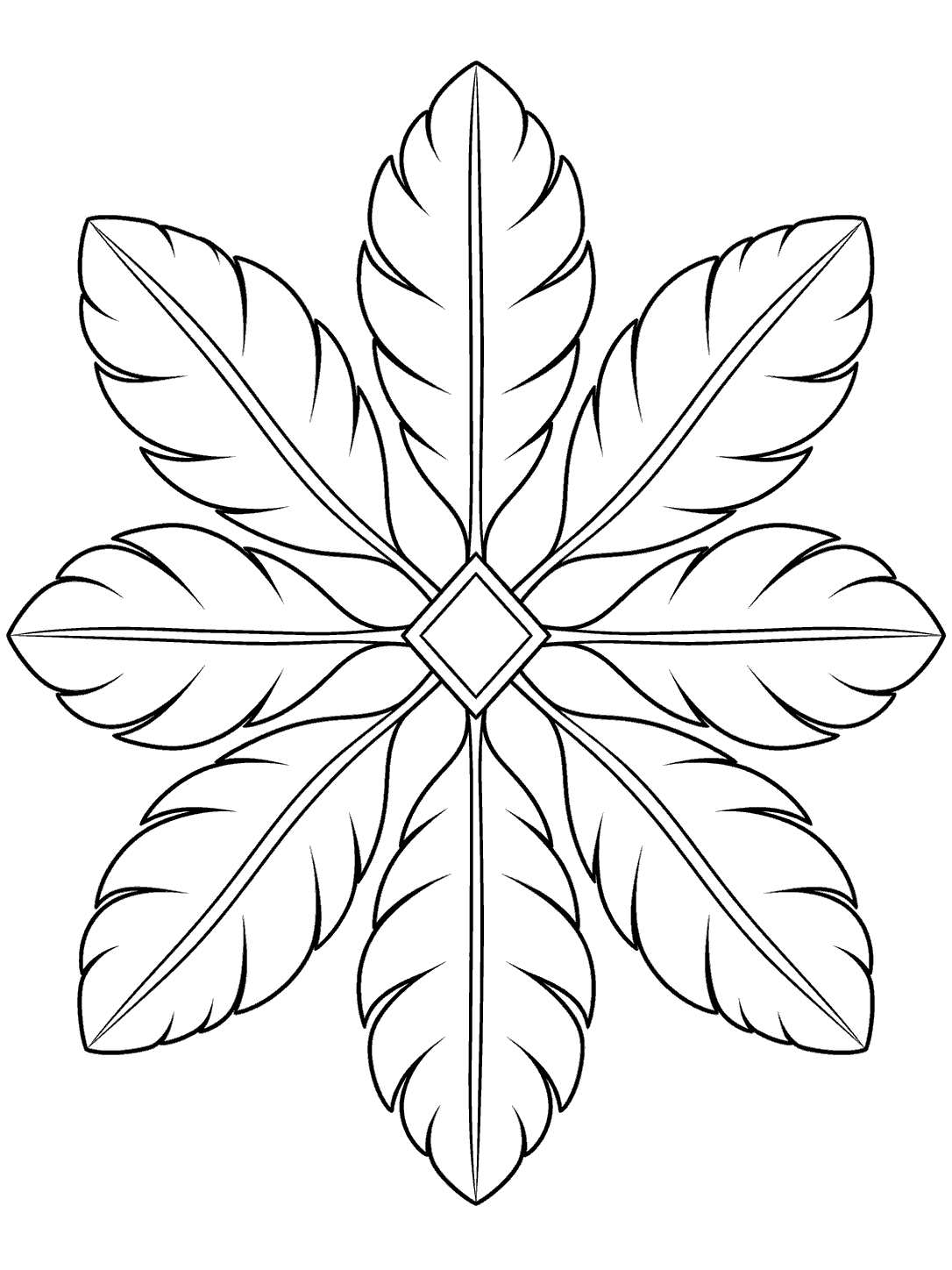 Black outline feather kaleidoscope coloring page with eight radiating feathers and a central diamond.