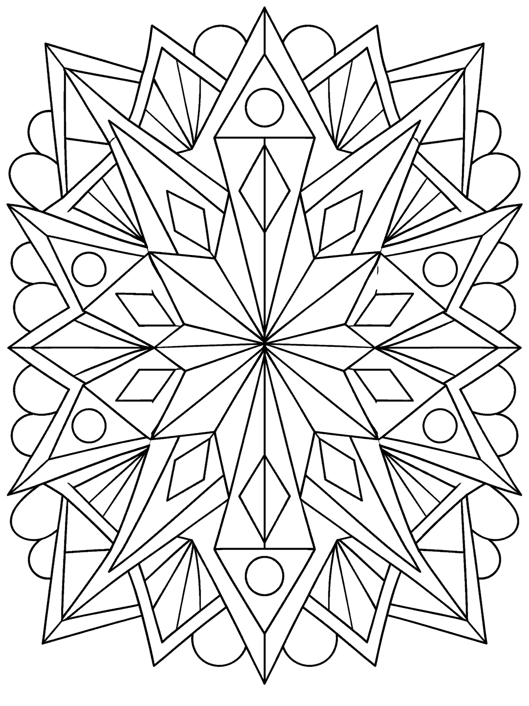 Black outline kaleidoscope coloring page with an eightfold starburst of triangular and trapezoidal facets, small circles, and a scalloped outer edge.