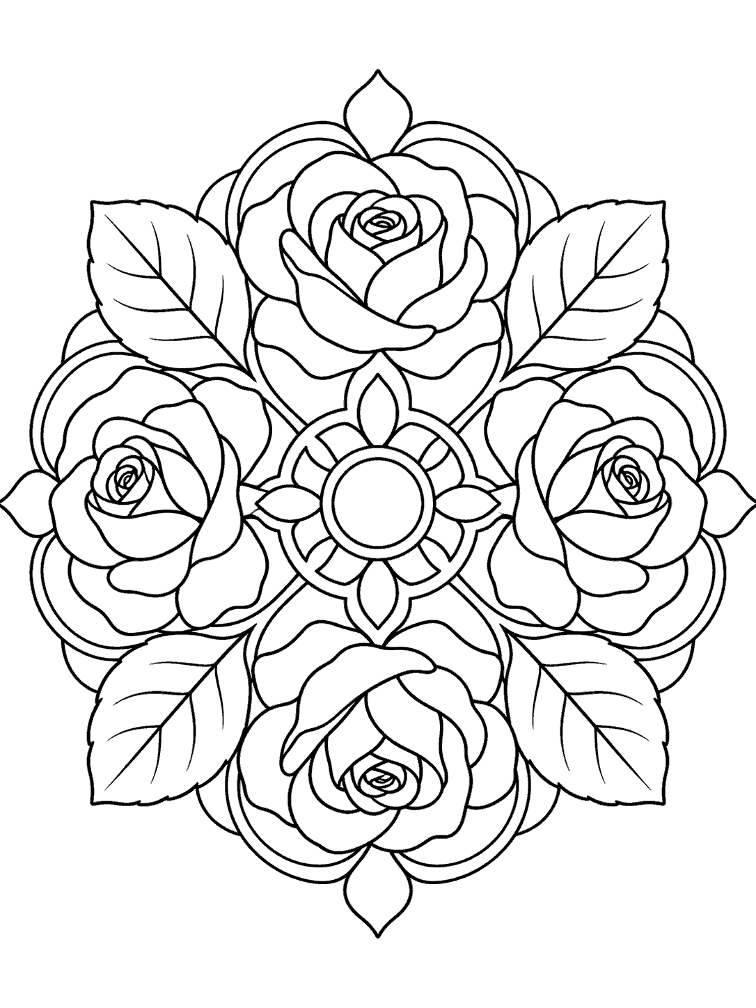 Rose kaleidoscope coloring page with four open roses, four leaves, and a central ring.