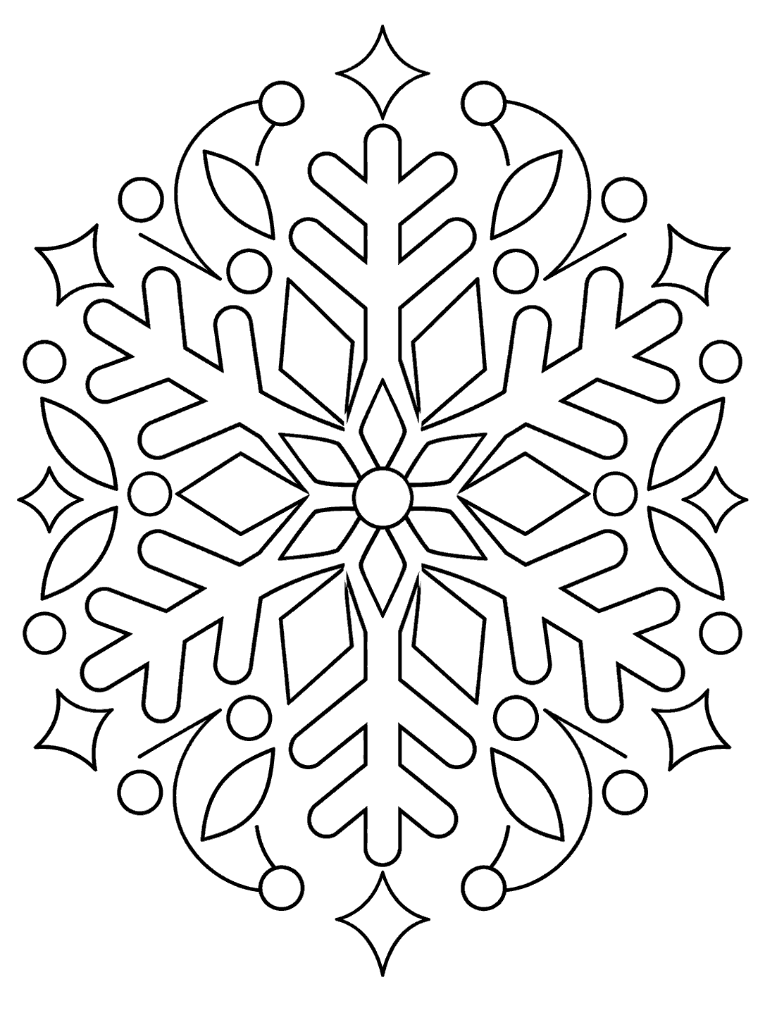 Black-outline snowflake kaleidoscope coloring page with a six-armed center and symmetrical decorative shapes.