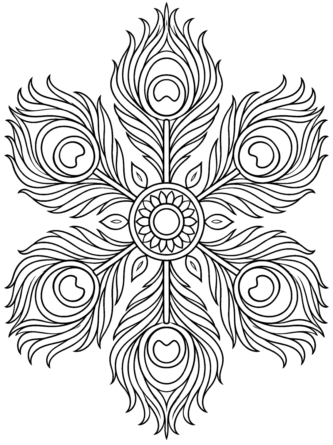 Black-outline coloring page showing six radiating peacock feathers with oval eyespots around a central circular medallion, on white with the design fully inside the page margins.