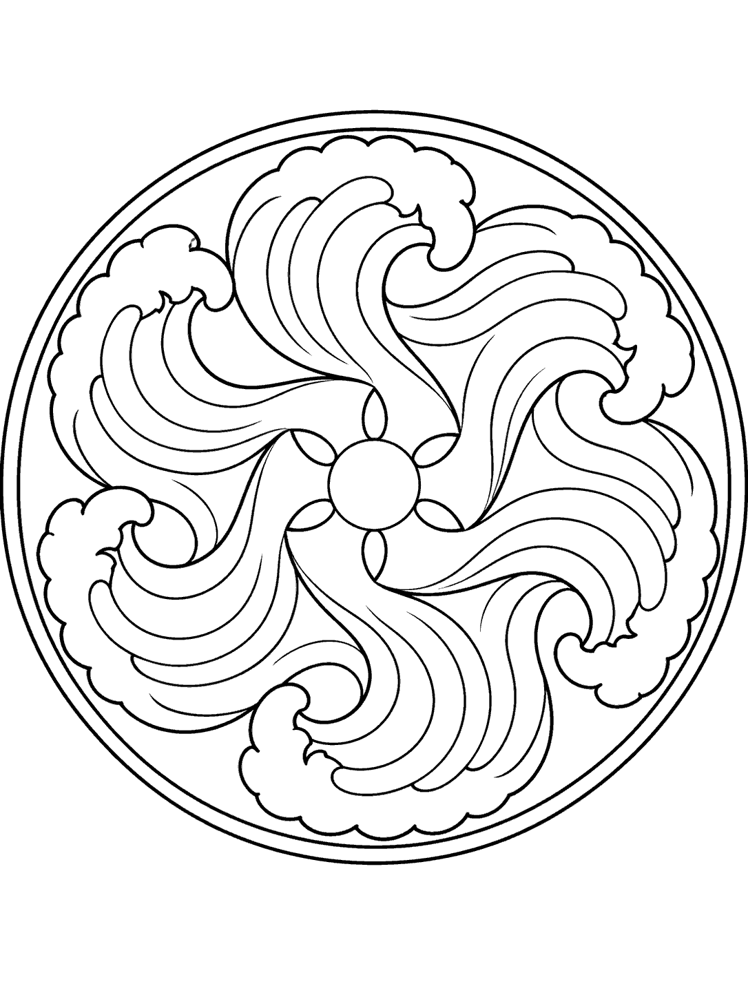 Black outline kaleidoscope of curling ocean waves surrounding a central circle, with a white margin.