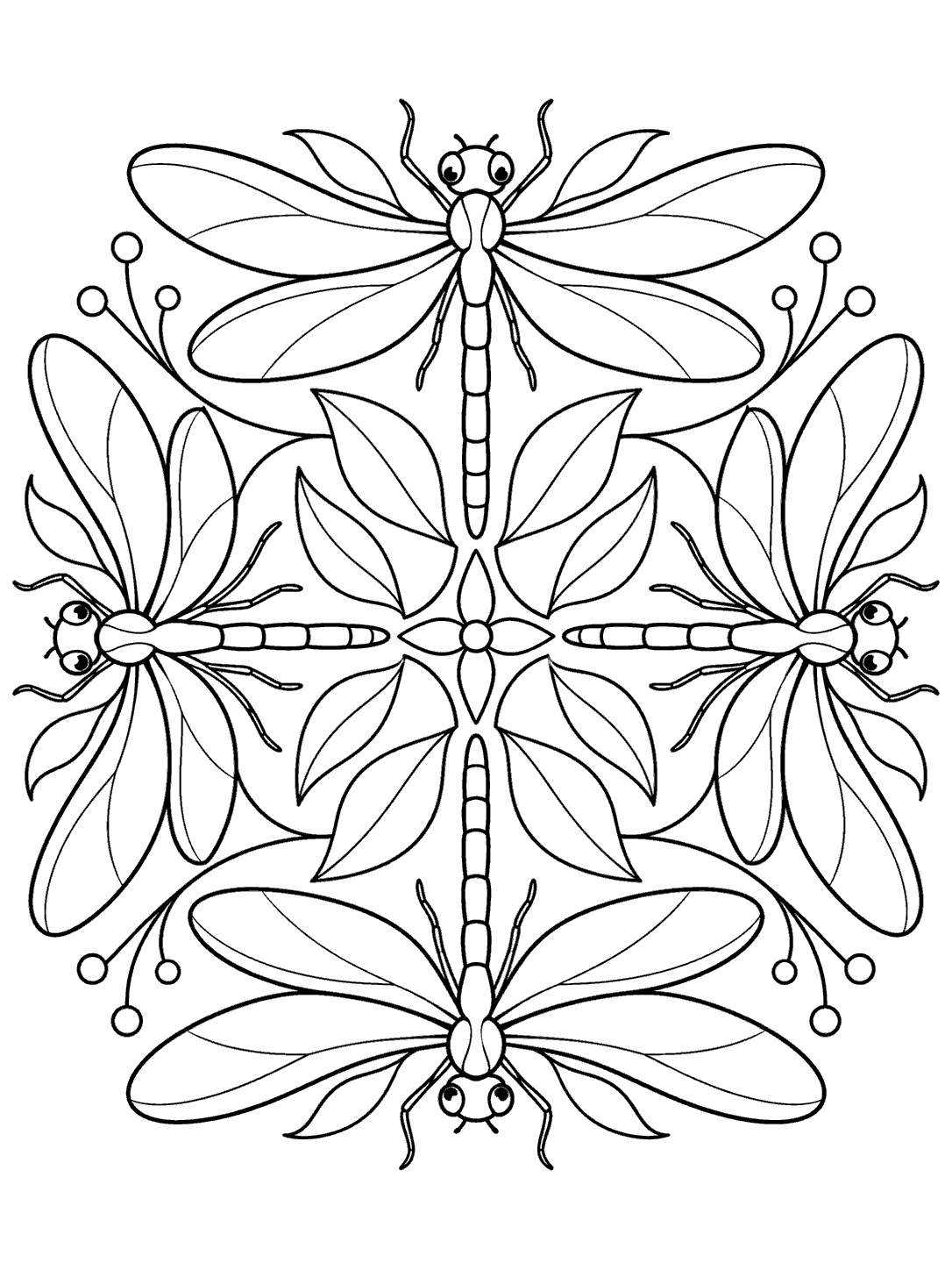 Four black-outline dragonflies arranged radially around a leafy center, with broad wings on a white coloring page.