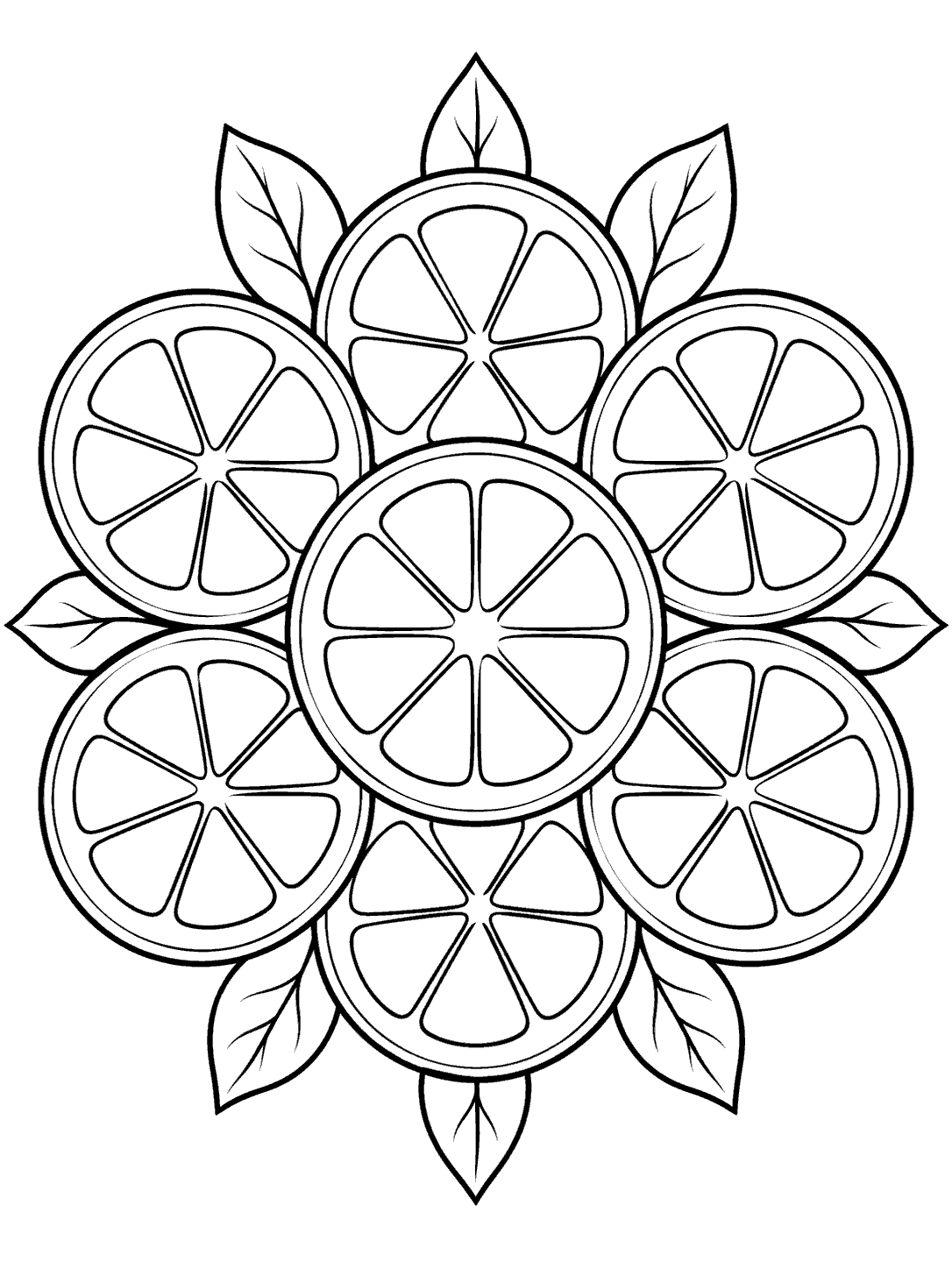 Black outline coloring page of seven segmented citrus slices arranged in a radial pattern with leaves