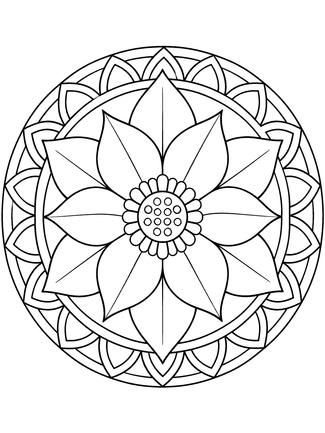 A centered lotus blossom with two rings of pointed petals, enclosed by circular kaleidoscope outlines.