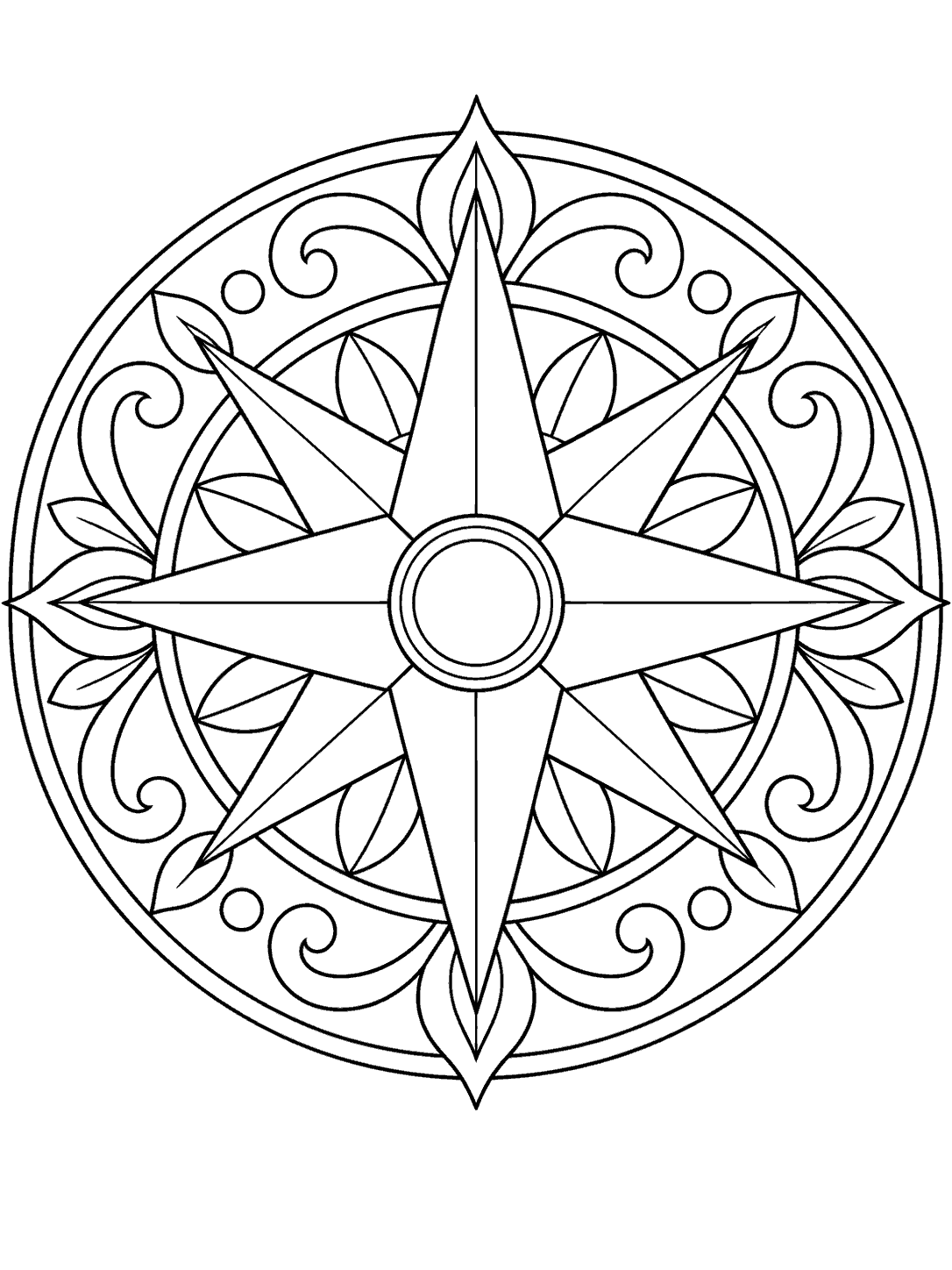 Black-outline coloring page of an eight-point compass rose within a decorative circular kaleidoscope.