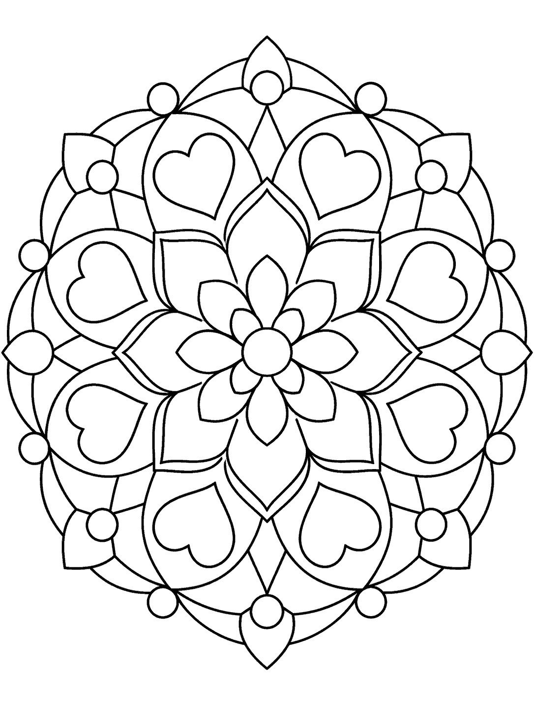 Black-outline kaleidoscope coloring page with a central flower and repeating heart and petal shapes.