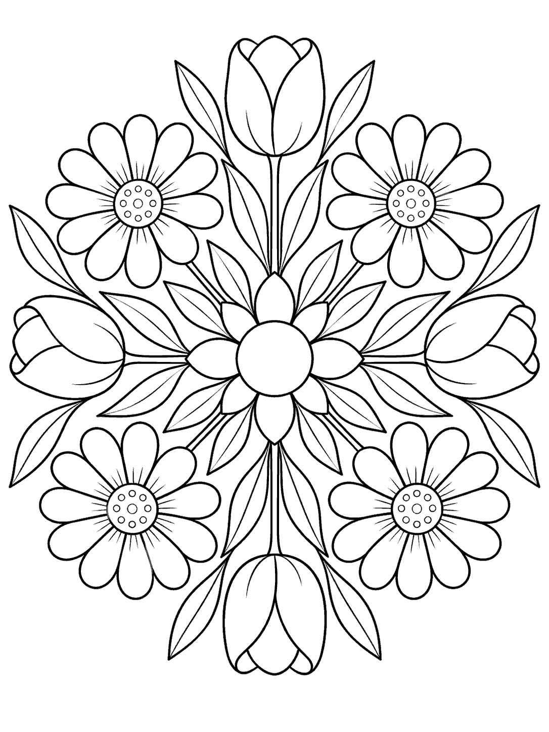Black-outline coloring page with daisies and cup-shaped tulips radiating around a central flower.