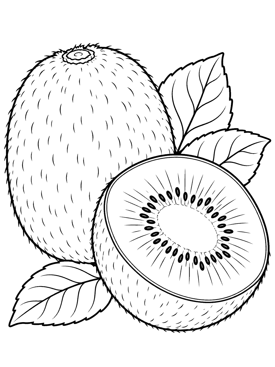 Whole kiwi fruit and a cut kiwi half coloring page