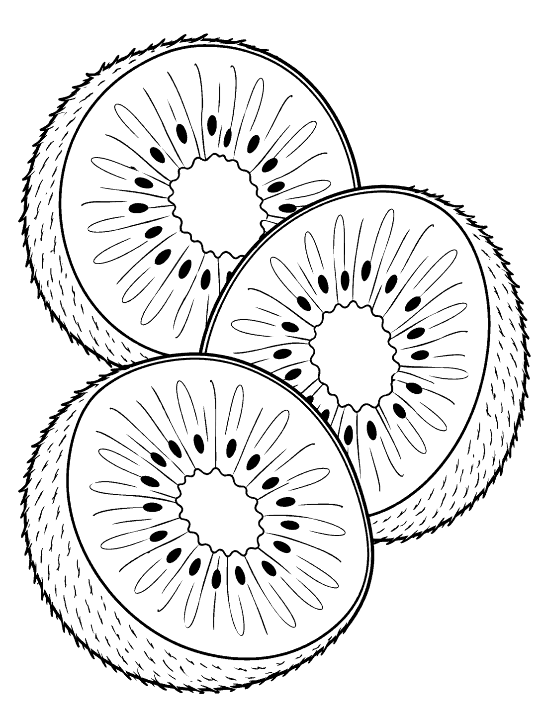 Three overlapping kiwi fruit slices with visible centers and seeds in a black-and-white coloring page.