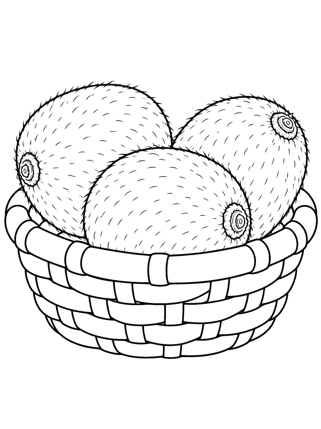 Three fuzzy kiwis nestled in a woven basket coloring page