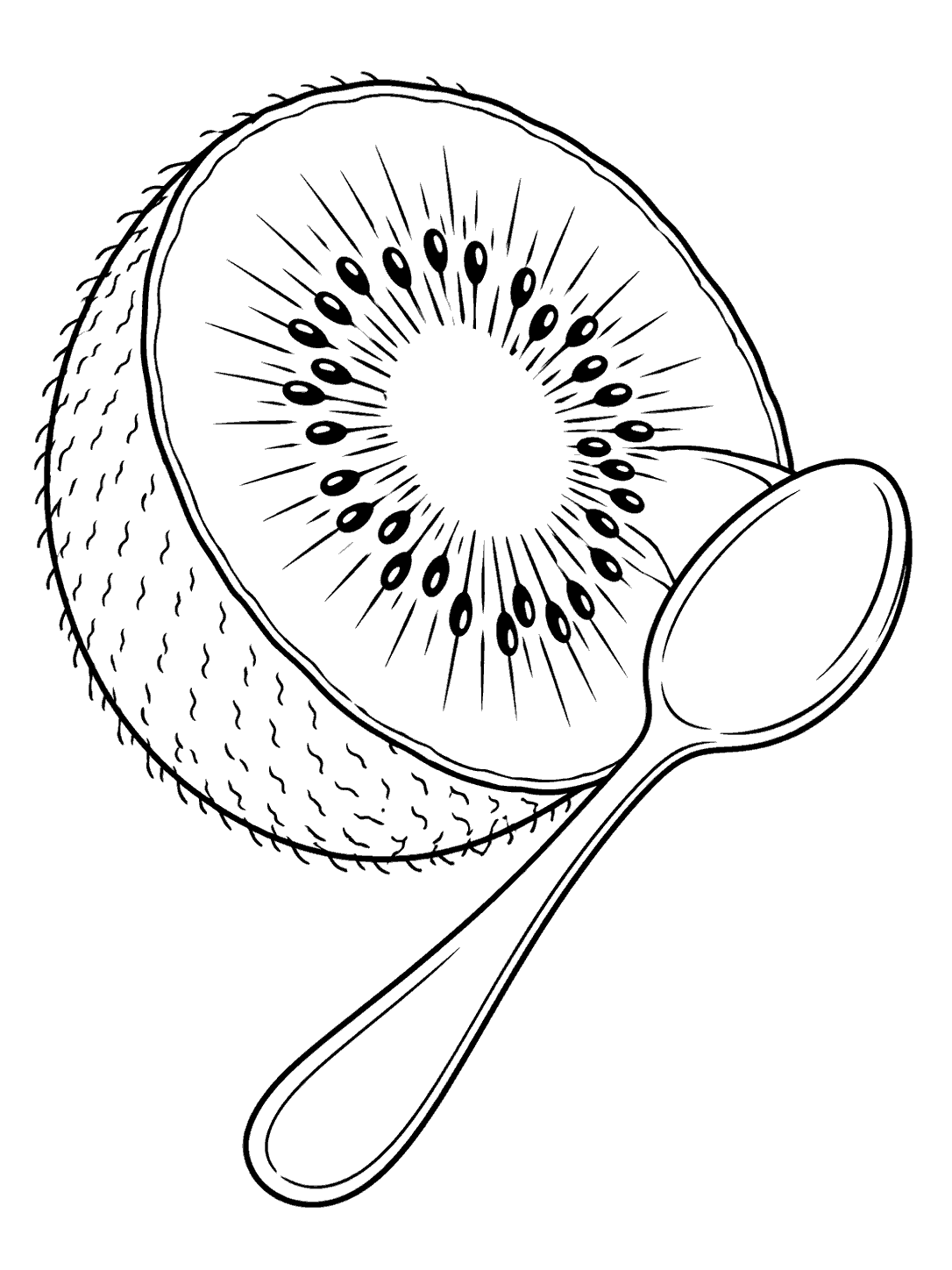Halved kiwi with a ring of seeds beside a teaspoon in a coloring page