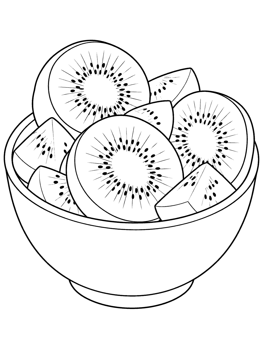 Printable coloring page of a wide bowl filled with kiwi rounds and wedges.