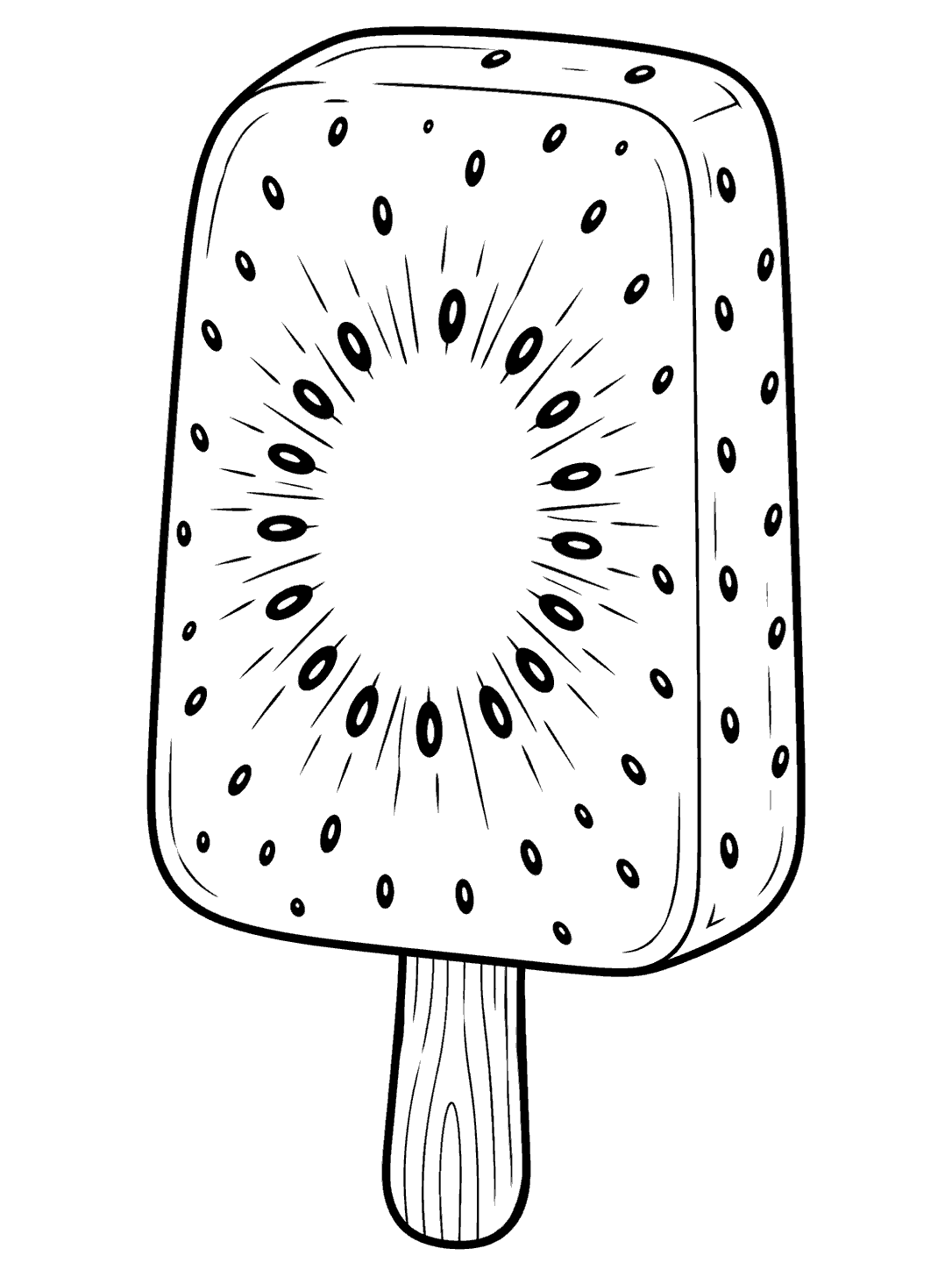Black ink coloring page of a rectangular kiwi fruit ice pop with a large cutaway center, many seeds, and a wooden stick.