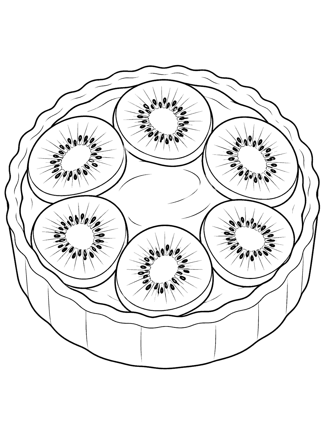 Black-and-white coloring page showing a round tart topped with six large kiwi slices arranged in a ring.