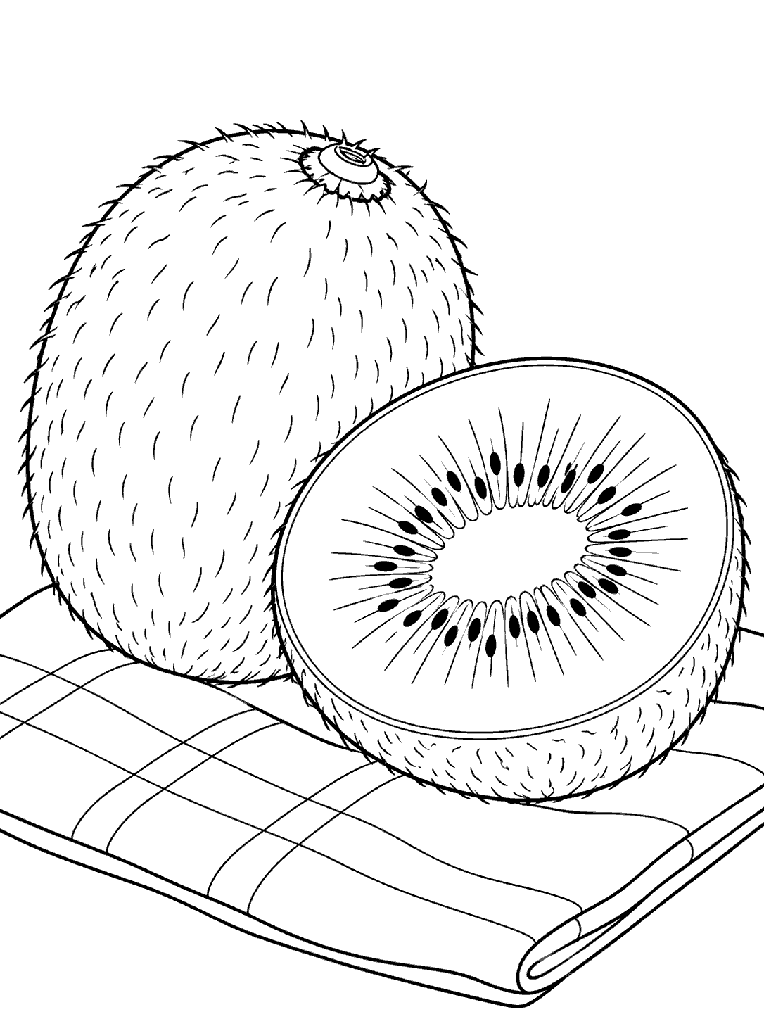 Black-and-white kiwi fruit coloring page with one whole kiwi, a cut half, and a checked picnic cloth.