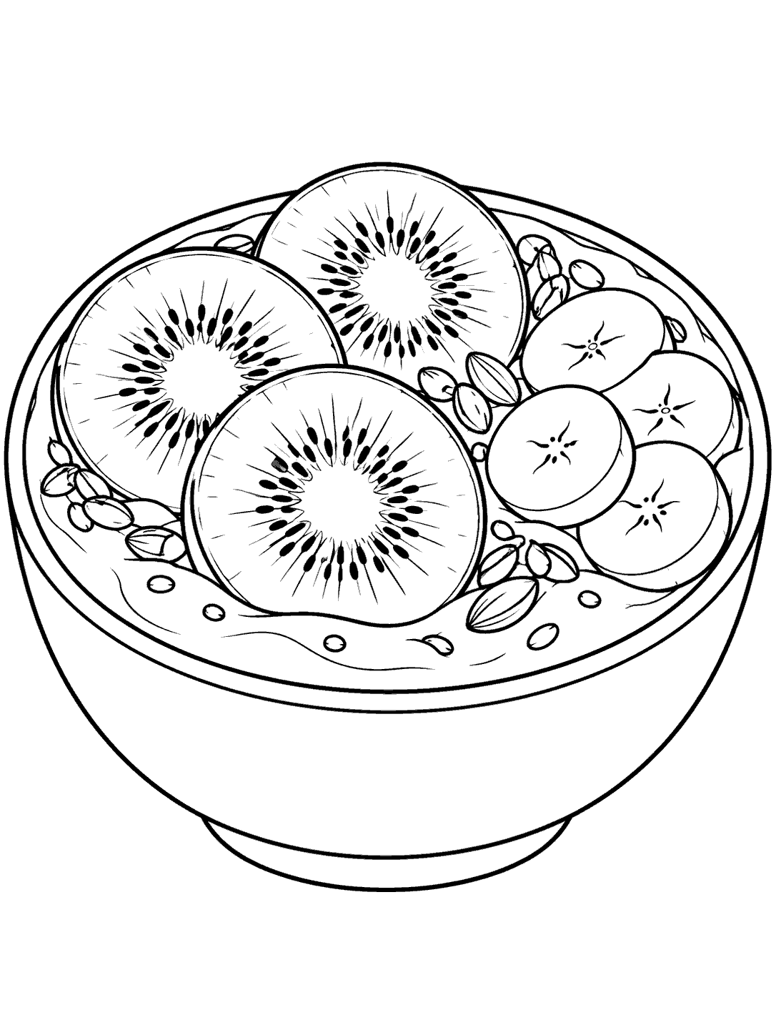 Black-and-white coloring page showing a smoothie bowl topped with three large kiwi rounds and banana slices.