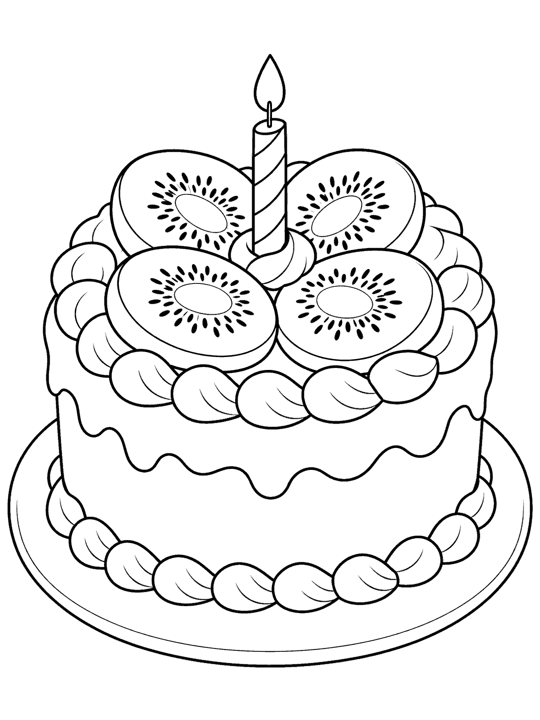 Black and white coloring page of a round celebration cake topped with four kiwi slices and one unlit candle on a plate.