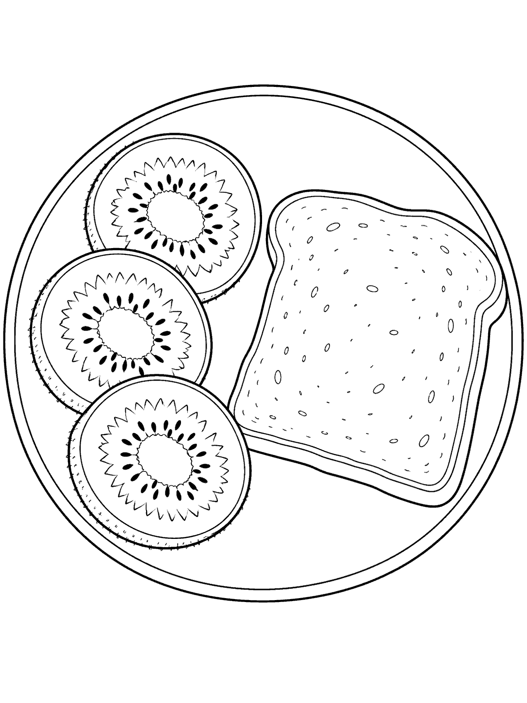 Three kiwi rounds and a slice of toast on a breakfast plate coloring page