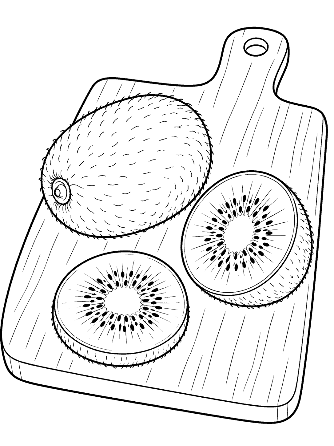 Black-and-white kiwi fruit coloring page with a whole kiwi and two seeded slices on a cutting board.