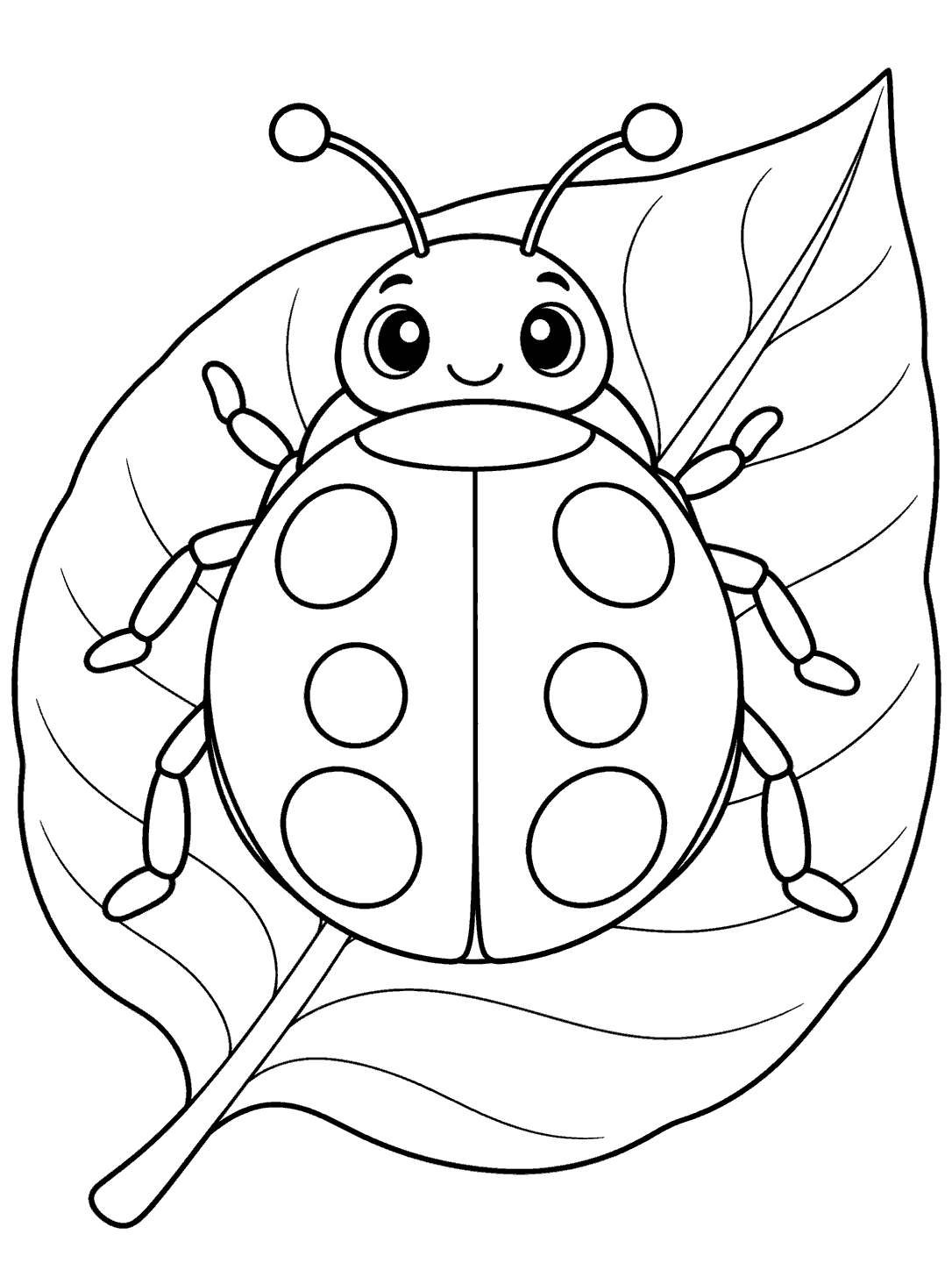 Smiling ladybug with six open shell spots standing on a broad leaf coloring page
