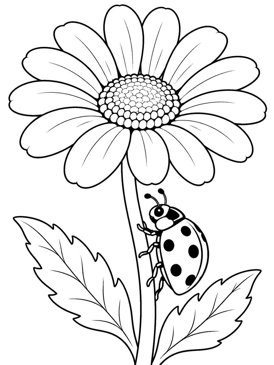 Black-and-white coloring page with a spotted ladybug climbing a daisy stem beneath a large flower.