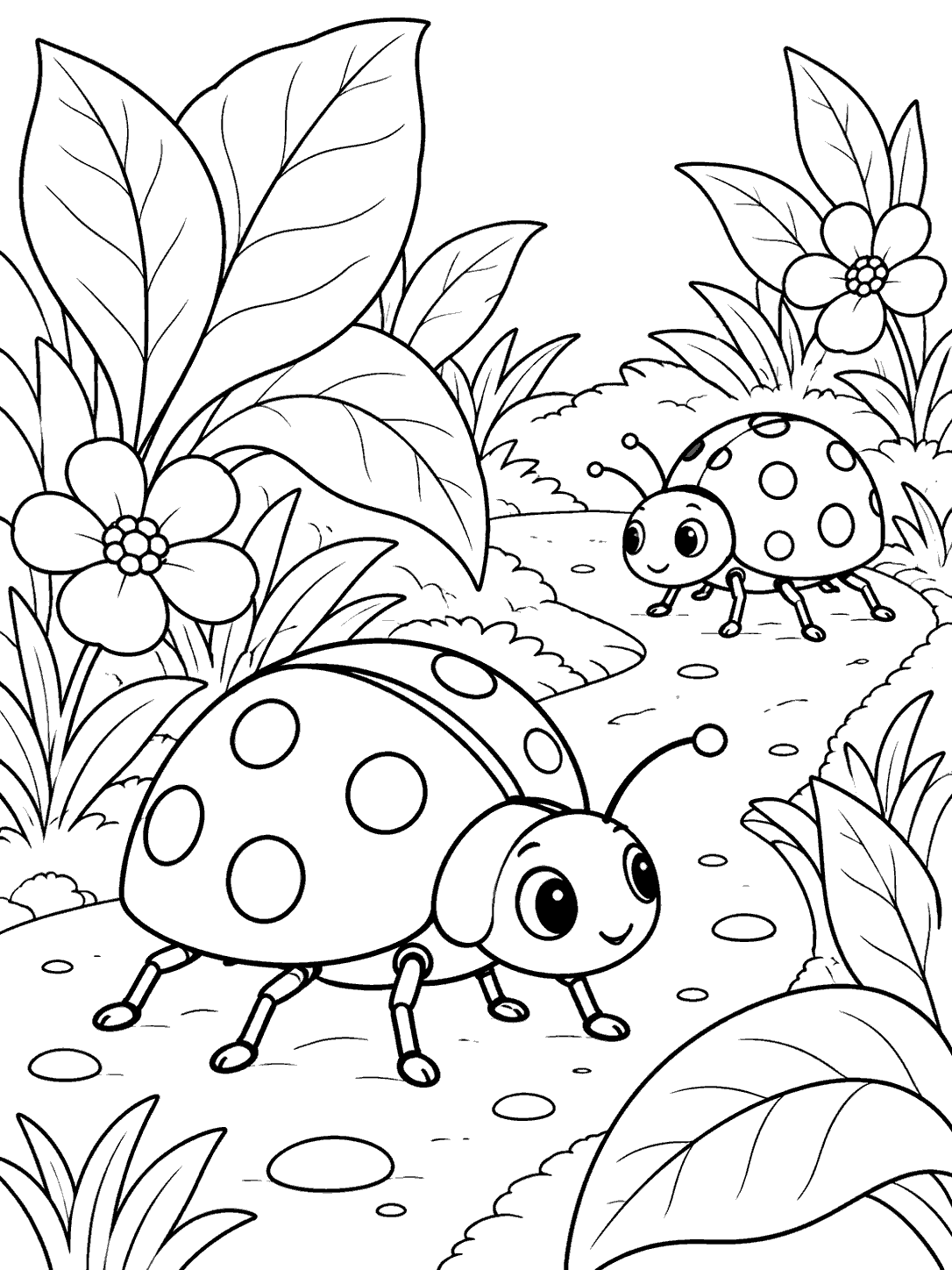 Two outlined ladybugs explore a winding garden path among large leaves and flowers.