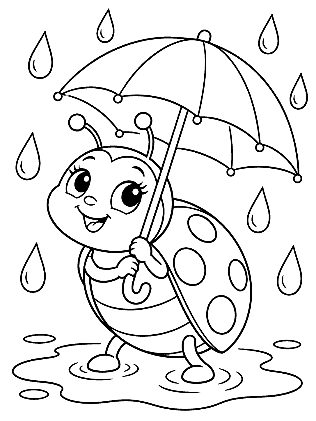 Whimsical ladybug with distinct shell spots holding an umbrella in the rain over a puddle, in black and white coloring page line art.