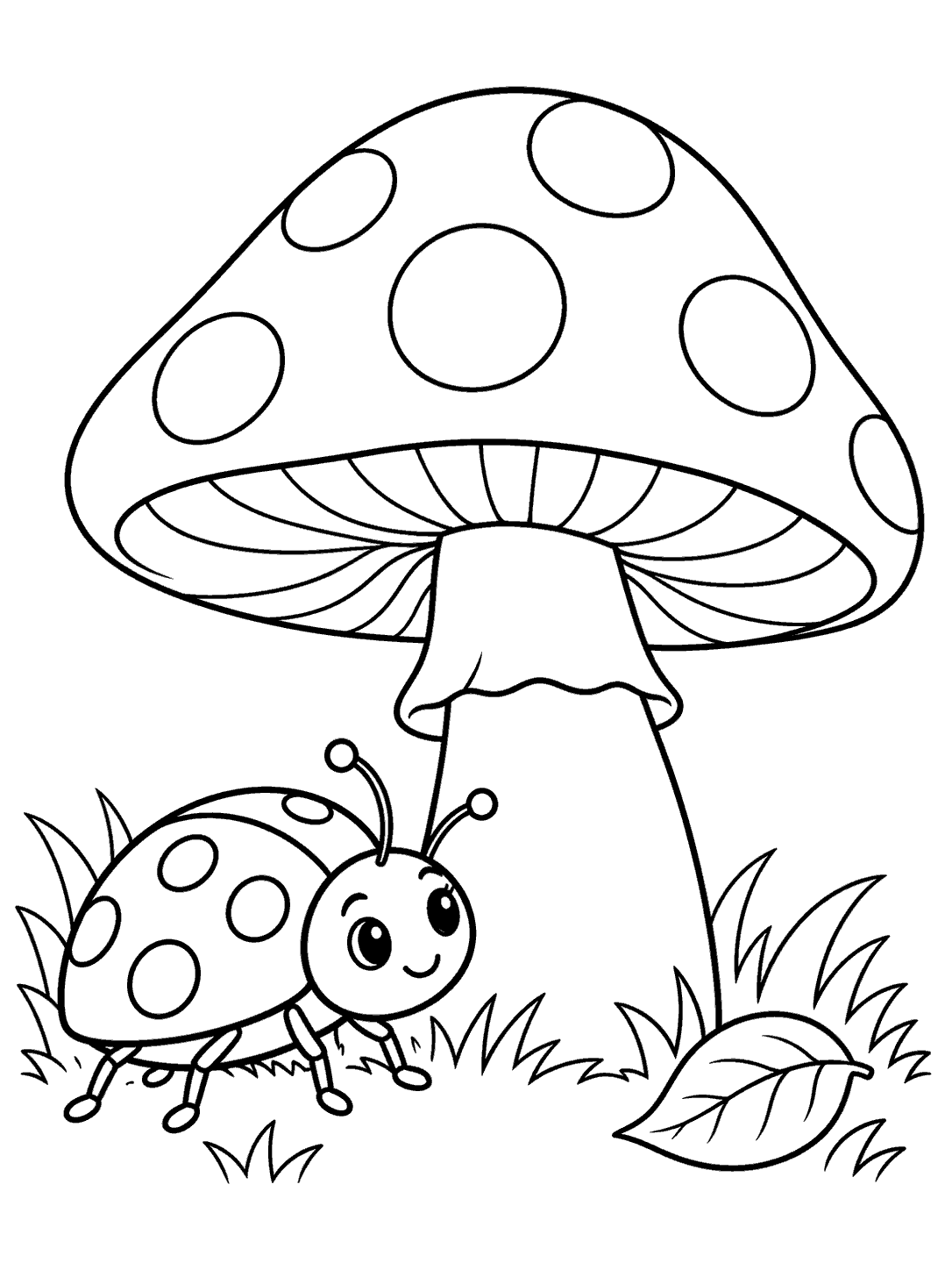 Black-and-white ladybug beside a large spotted mushroom, with grass and a leaf, in a printable coloring page.