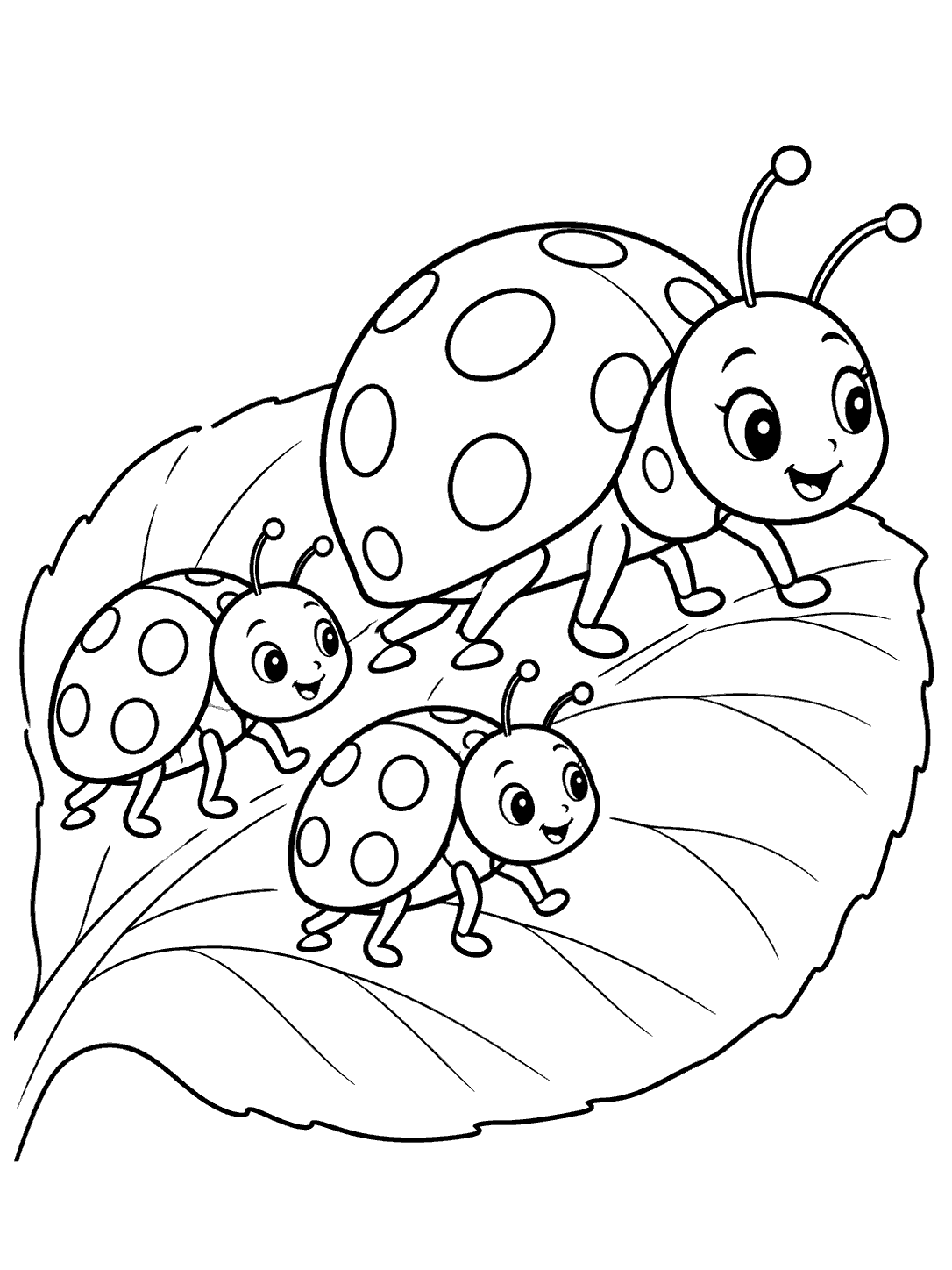 One large and two small ladybugs walking together on a leaf, in a black-and-white coloring page.