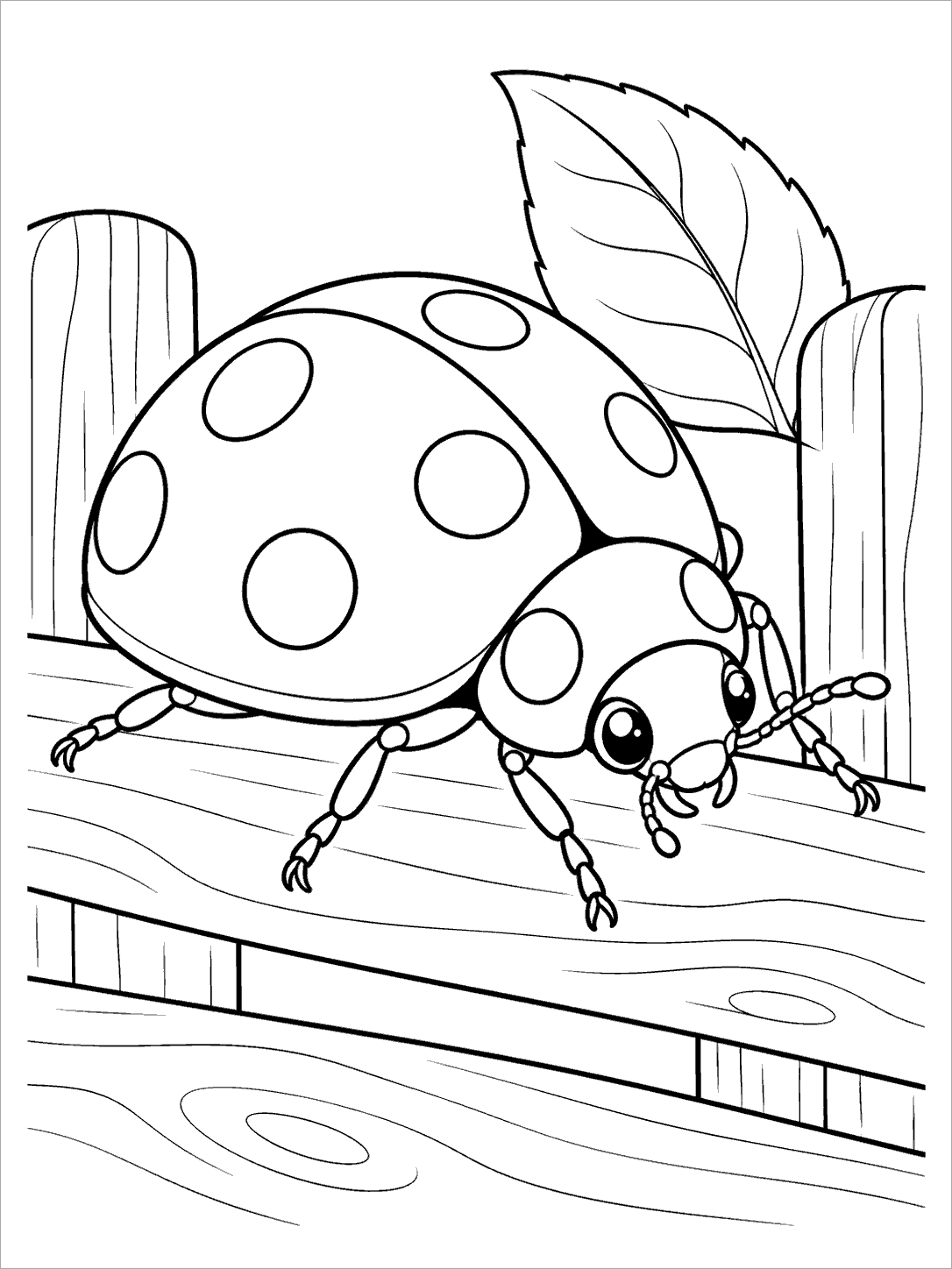 Large spotted ladybug crawling across a wooden garden fence with a leaf behind it, in a coloring page.