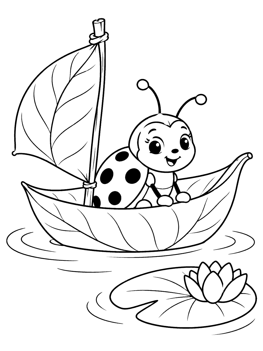 Smiling ladybug in a broad leaf boat with a leaf mast, water ripples, and a nearby lily pad coloring page
